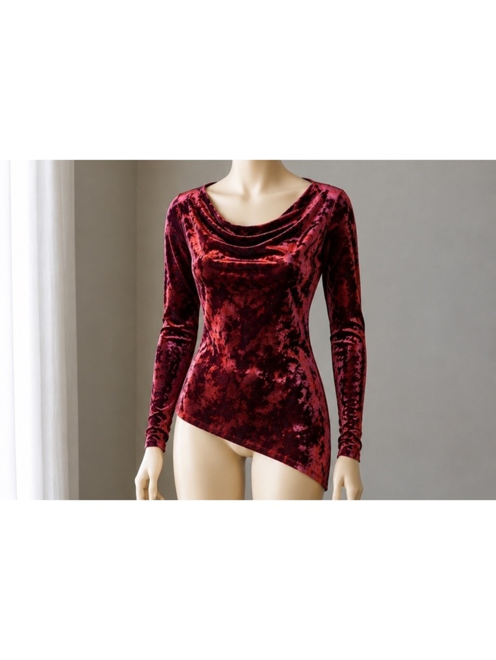 Context Women’s L Crushed Velvet Cowl Neck Top Burgundy Red Long Sleeve Y2K